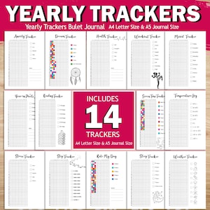 Yearly Trackers Bundle, Printable Journal Pages, Yearly Trackers, Bullet Journal Pages, Digital Planner Pages, Reading Tracker, Mood Tracker