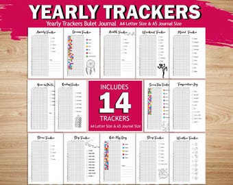 Yearly Trackers Bundle, Printable Journal Pages, Yearly Trackers, Bullet Journal Pages, Digital Planner Pages, Reading Tracker, Mood Tracker
