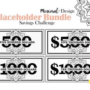 May include: Four black and white printable money saving challenge cards with a mandala design. The cards feature the amounts $500, $1,000, $5,000, and $10,000.