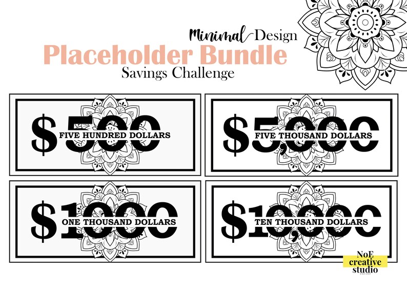 May include: Four black and white printable money saving challenge cards with a mandala design. The cards feature the amounts $500, $1,000, $5,000, and $10,000.