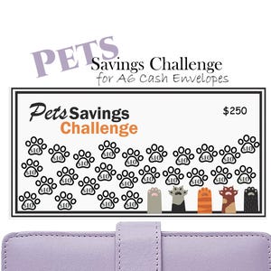 May include: A white and black savings challenge card for pets, featuring paw prints and the text "Pets Savings Challenge". The card has a $250 goal and is designed for A6 cash envelopes. A light purple wallet is visible at the bottom.