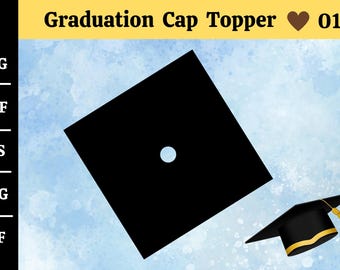 May include: Black graduation cap topper silhouette with a hole in the center. The topper is on a blue watercolor background.