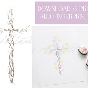 May include: Printable cross outline with branches, ready for fingerprint art.  The image shows a finished example with pink, blue, and yellow fingerprints on the branches.  The text "DOWNLOAD & PRINT ADD FINGERPRINTS!" is at the top of the image.