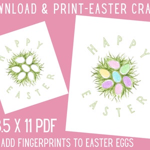 K&ouml;nnte beinhalten: Druckbare PDF-Bastelvorlage im Format 8,5 x 11 Zoll mit einem Happy Easter-Design und einem Nest mit Eiern.  F&uuml;gen Sie Fingerabdr&uuml;cke zu den Eiern hinzu, um ein lustiges Osterbasteln zu gestalten.