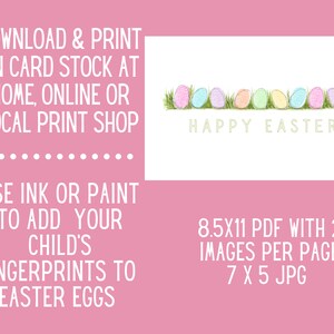 May include: Printable Easter card featuring a line of pastel coloured eggs in a grassy field. The card reads "Happy Easter" and includes instructions to download and print on card stock. The card is 8.5 x 11 inches and includes two images per page.