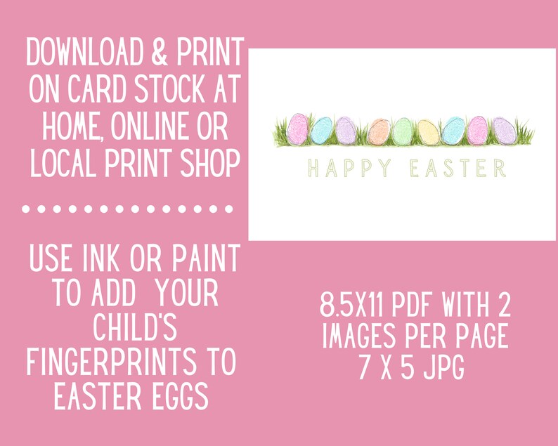 May include: Printable Easter card featuring a line of pastel coloured eggs in a grassy field. The card reads "Happy Easter" and includes instructions to download and print on card stock. The card is 8.5 x 11 inches and includes two images per page.