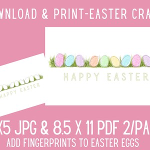 May include: Printable Easter craft with two designs. One design features a row of white eggs with the text "Happy Easter" and the other design features a row of pastel coloured eggs with the text "Happy Easter". The printable is available in 7x5 JPG and 8.5x11 PDF formats.