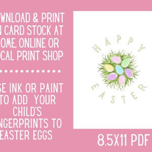 K&ouml;nnte beinhalten: Druckbarer PDF-Datei im Format 8,5 x 11 Zoll mit einer Aquarell-Illustration eines Nests mit bunten Ostereiern und dem Text "Frohe Ostern". Anweisungen zur Verwendung von Tinte oder Farbe zum Hinzuf&uuml;gen von Fingerabdr&uuml;cken zu den Eiern sind enthalten.