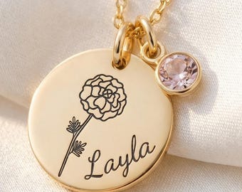 Birth Flower Necklace with Swarovski Birthstone, Personalised Name Pendant Gift for Her