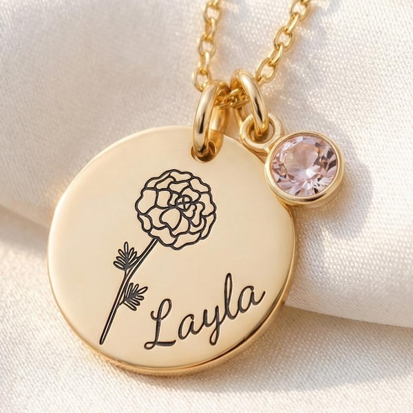 Birth Flower Necklace with Swarovski Birthstone, Personalised Name Pendant Gift for Her