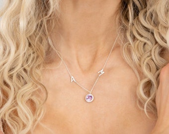 Custom Sterling Silver Necklace with Purple Crystal Pendant - Personalised Dual Initial Charms, Elegant Gift