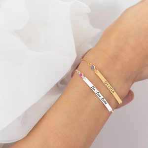 Personalised Name Bar Bracelet with Birthstone – 925 Sterling Silver or Gold – Custom Handmade Gift for Her, Birthday or Wedding
