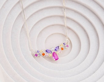 Colorful Sterling Silver Necklace with Gemstone Cluster - Delicate Butterfly Pendant