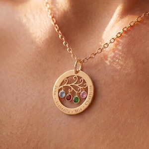 Può includere: Collana con pendente dorato dal design circolare. Il pendente presenta un ramo d'albero con cinque pietre preziose colorate e i nomi "John", "Isabella", "Mia" e "Charlotte" incisi sul bordo. La collana è indossata intorno al collo.