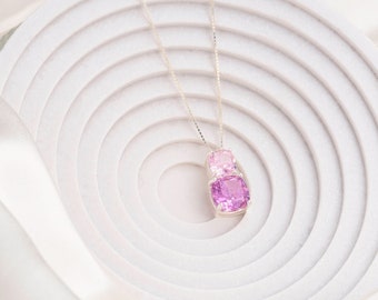 Sterling Silver Necklace with Pink Cubic Zirconia Stacked Pendants - Elegant Layered Gemstone Piece