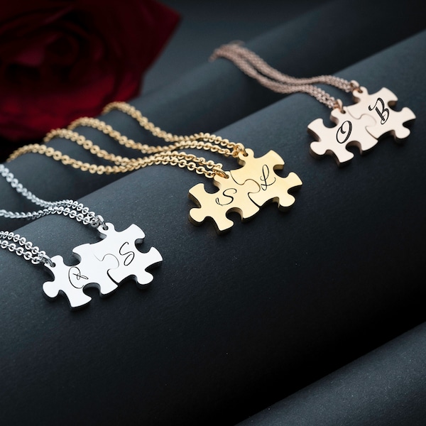 Personalisierte Halskette mit Gravur in Puzzle-Form, Benutzerdefinierte Namen, Initialen, Schmuck mit Gravur für Sie und Ihn, Anhänger für Freundschaft und Freundschaft