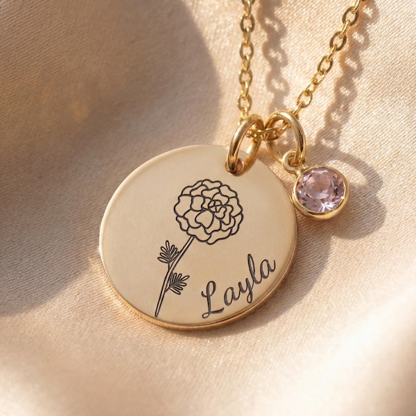Birth Flower Necklace with Swarovski Birthstone, Personalised Name Pendant Gift for Her