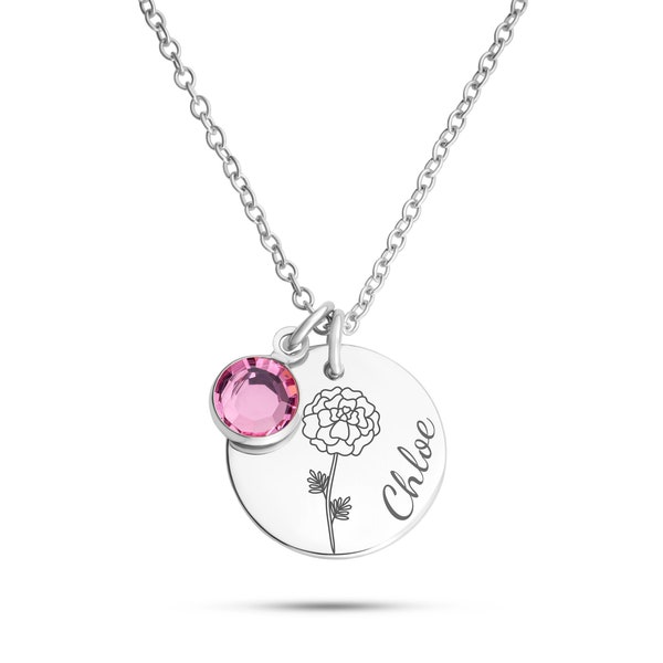 Birth Flower Swarovski Birthstone Necklace, Births Stone Necklaces, Women Girl Gift for Wedding, Birthday Gift for Her