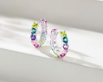 Sterling Silver Hoop Earrings with Multicolor Cubic Zirconia - Vibrant Gemstone Hoops