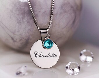 Personalised Engraved Swarovski Birthstone Necklace, Custom Name, Special Words Gift, Engraved Jewellery Gift For Her, Birth Month Pendant
