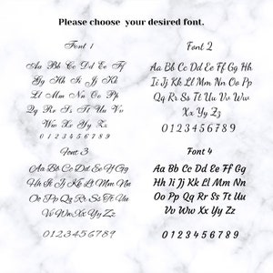 May include: Four different font styles are displayed with the alphabet and numbers 0-9. The fonts are labeled Font 1, Font 2, Font 3, and Font 4.