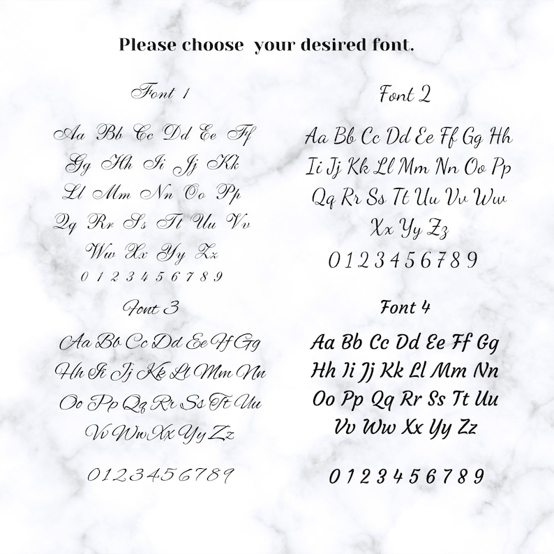 May include: Four different font styles are displayed with the alphabet and numbers 0-9. The fonts are labeled Font 1, Font 2, Font 3, and Font 4.