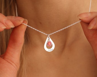Personalised Engraved Dainty Birthstone Drop Necklace • Birth Month Name Initial Tag Pendant • Jewellery Gift For Her • Special Words Gift •