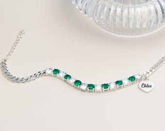 Personalised Sterling Silver Bracelet with Green Cubic Zirconia - Heart Charm Bracelet