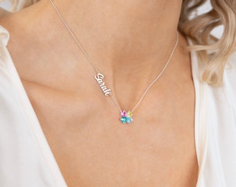 Custom Silver Name Necklace with Multicolor Gemstone Clover Charm - Personalised Jewellery, Perfect Gift for Her