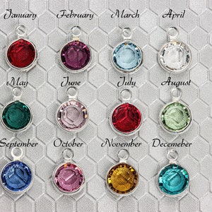 May include: Twelve silver charms with colored crystals, each representing a different month of the year. The charms are arranged in four rows of three, with the month name printed above each charm.