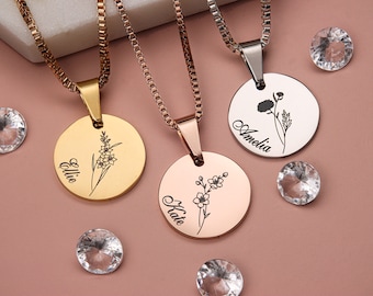 Personalised Engraved Birth Month Flower Necklace, Custom Name, Special Words Gift, Engraved Jewellery Gift For Her,  Minimalist Pendant