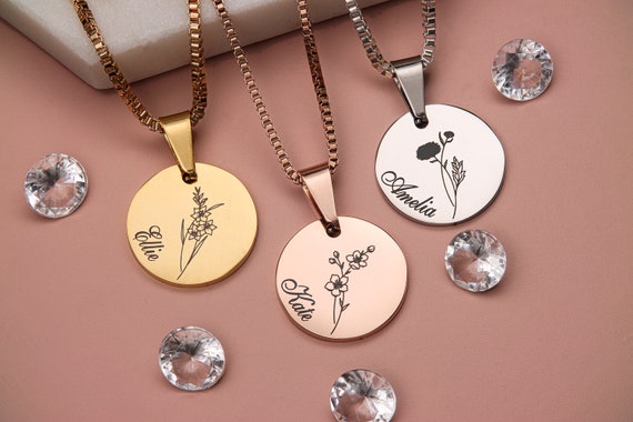 Personalised Engraved Birth Month Flower Necklace Custom Name