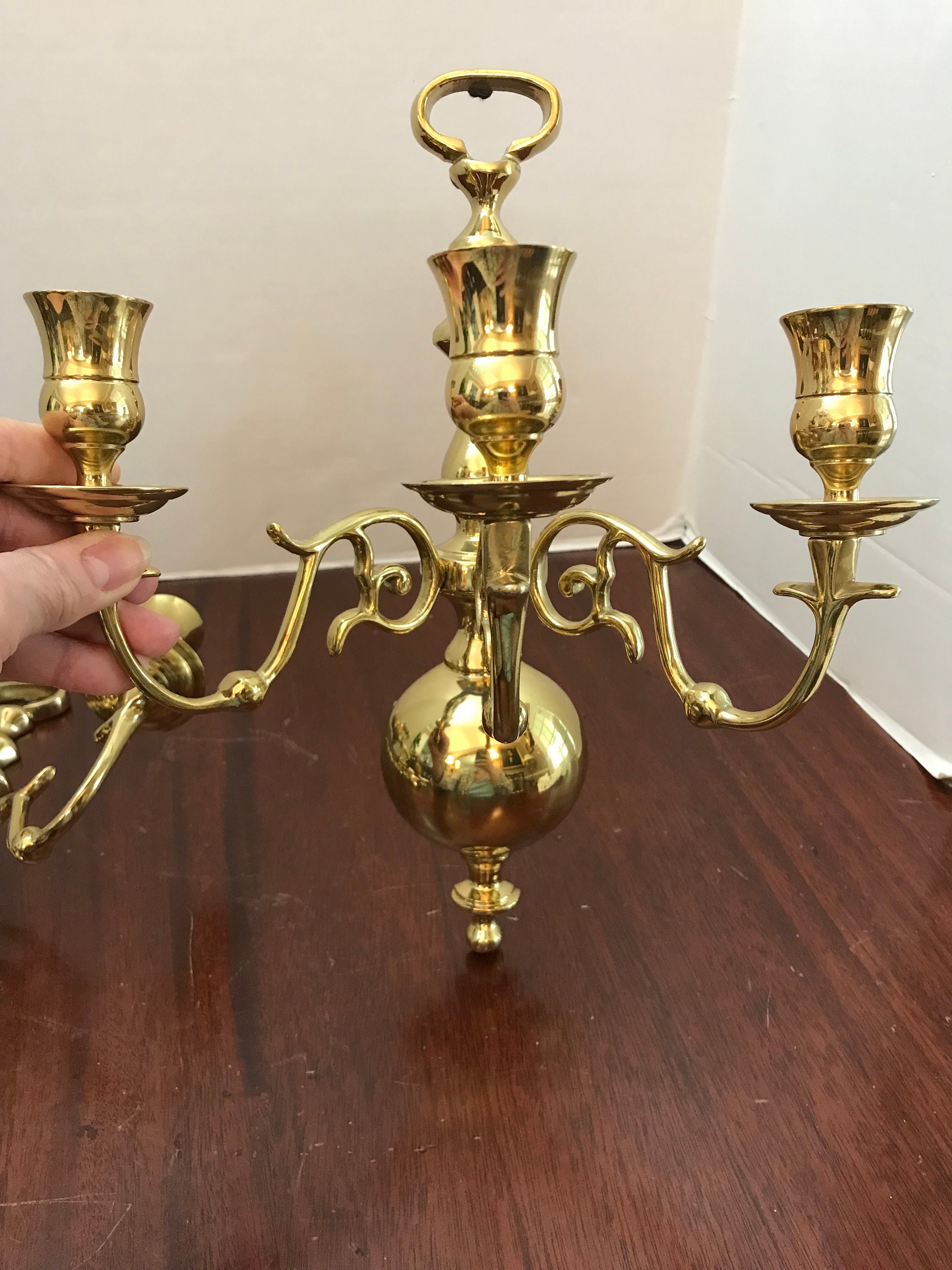 Virginia Metalcrafters Pair of 3 Arm Solid Brass Candle Wall  display picture 1