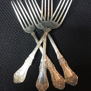 Set of 4 Antique Simeon L & George H Rogers (Oneida) Silverplate Dinner Forks Florentine 1901