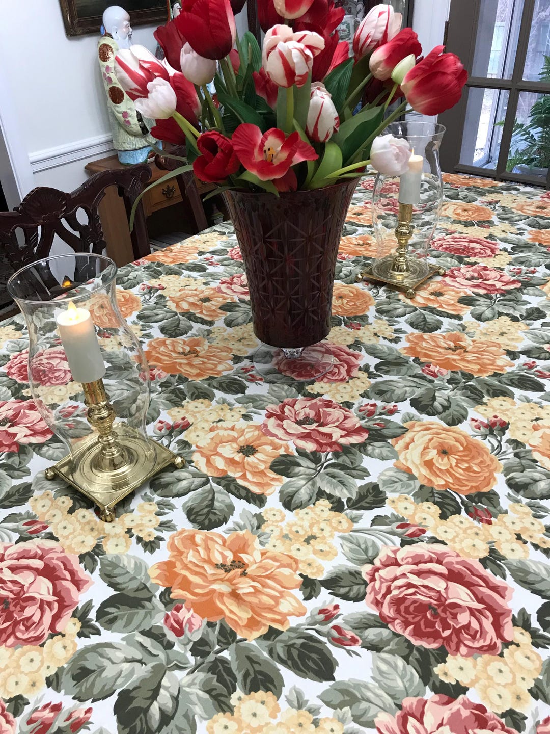 Waterford Gold Red Green Floral Tablecloth 68” X 82” Cotton Sateen