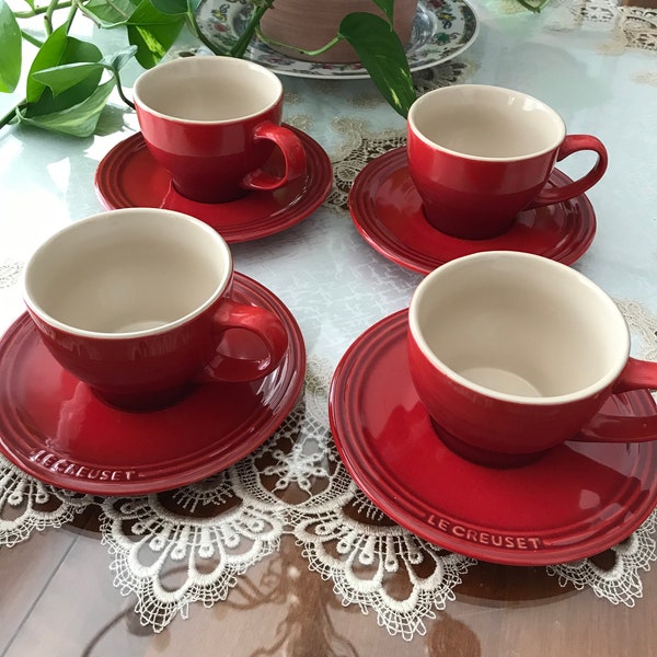 Set of 4 Le Creuset 7 oz Cerise Red Cappuccino Cups & Saucers