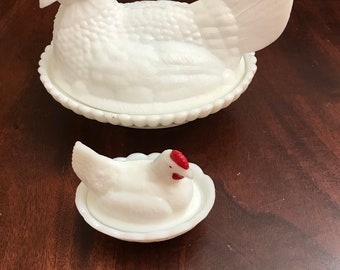 Two White Indiana Glass Milk Glass Chickens On Nest