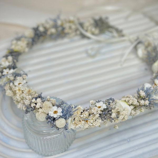 Haarkranz "Leni" / Armband | creme- weiß - blau / Hochzeit / Kommunion / Blütenkranz