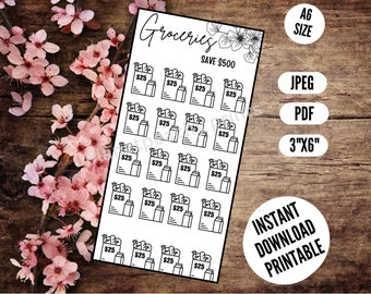 Puede incluir: Hoja de pegatinas imprimible para planificador de comestibles con 18 iconos de cajas de leche en blanco y negro. Cada icono tiene el texto "25 €" y un diseño floral. La hoja tiene el texto "Comestibles" y "Ahorra 500 €".