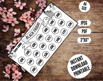 Puede incluir: Tarjeta de bingo de Black Friday imprimible en blanco y negro con una pancarta que dice "Black Friday" y círculos con cantidades en dólares de $ 20 a $ 100. La tarjeta está sobre un fondo de madera.