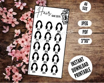 Puede incluir: Una hoja imprimible de 12 pegatinas de silueta de cabello en blanco y negro. La hoja mide 7,6 cm por 15,2 cm e incluye el texto "Hair" y "Save 3,75 €".