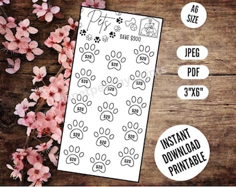 May include: Printable sheet of 10 paw print stickers, each with the text "$20" inside. The sheet is black and white and has the text "Pets" and "Save $300" at the top. The sheet is labeled "Instant Download Printable" and "3"x"6" in the bottom right corner.