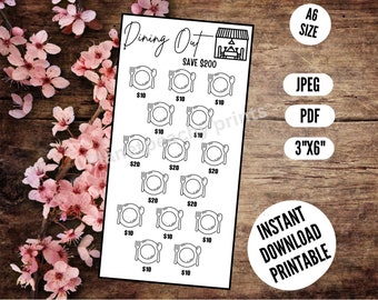 Puede incluir: Hoja imprimible con un tema de salir a cenar. Tiene una ilustración en blanco y negro de un plato, un tenedor y una cuchara. La hoja tiene el título "Dining Out" y el texto "Save 200 €". Hay 12 círculos con el texto "10 €" y 4 círculos con el texto "20 €".