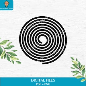 Pode incluir: Design em espiral preto e branco, um padrão geométrico com círculos concêntricos. Este download digital inclui um arquivo PDF e um arquivo PNG.