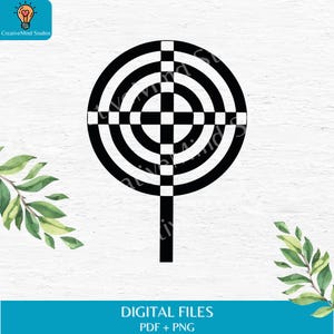 May include: Black and white graphic design of a lollipop with a checkered pattern. The lollipop is on a white background.