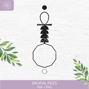 Può includere: Stampa digitale in bianco e nero con un design geometrico, tra cui una forma ad ankh, un cerchio e un ottagono. Il testo "DIGITAL FILES PDF + PNG" è in basso. Il design è su uno sfondo bianco con accenti di foglie verdi.