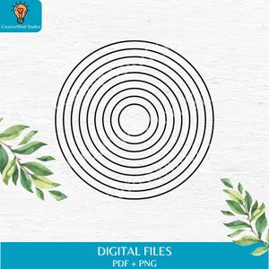 May include: A black and white digital download of a set of concentric circles. The circles are arranged in a circular pattern, with the smallest circle in the center and the largest circle on the outside. The circles are all the same width, and they are evenly spaced apart. The image is suitable for use in crafts, scrapbooking, and other creative projects.