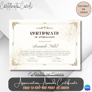 Appreciation Certificate | Customizable Award | Editable Certificate | Printable Template | Thank You Certificate | Employee  Certificate