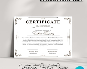 Może przedstawiać: Szablon drukowanego certyfikatu z ozdobną czarną i białą ramką. Tekst "CERTIFICATE OF ACHIEVEMENT" znajduje się na górze certyfikatu. Tekst "The following award given to Esther Timmy" znajduje się pod tytułem. Certyfikat został zaprojektowany do spersonalizowania imieniem odbiorcy.
