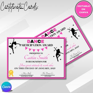 Certificato di partecipazione alla danza, Certificato di partecipazione, Certificato di danza modificabile, Modello di premio di danza, Concorso di danza